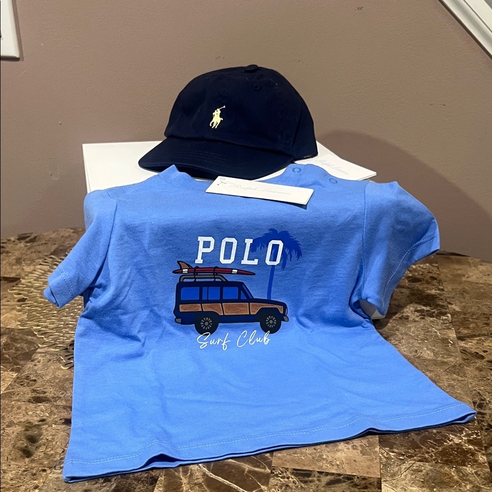 Polo Ralph Lauren Baby Blue Surf Club T-Shirt and Navy Classic Cap Bundle